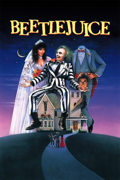 Movie poster for the 1988 movie Beetlejuice, showing characters in costume, a house, and the film title in bold yellow text at the top. Movie poster print available in A1 to A4 sizes.