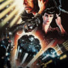 Illustrated science fiction movie poster for Blade Runner (1982) featuring a man holding a gun, a woman with short hair, a futuristic cityscape, and the film title in bold red letters at the bottom. Movie poster print available in A1 to A4 sizes.