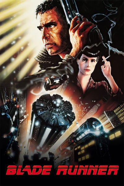 Illustrated science fiction movie poster for Blade Runner (1982) featuring a man holding a gun, a woman with short hair, a futuristic cityscape, and the film title in bold red letters at the bottom. Movie poster print available in A1 to A4 sizes.