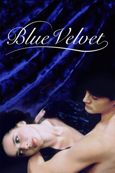 A woman lies in a mans arms against a dark blue velvet background, with Blue Velvet in cursive at the top—a nod to the iconic 1986 movie directed by David Lynch. Movie poster print available in A1 to A4 sizes.