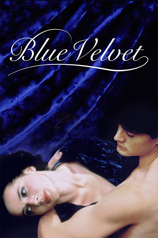 product-image A woman lies in a mans arms against a dark blue velvet background, with Blue Velvet in cursive at the top—a nod to the iconic 1986 movie directed by David Lynch. Movie poster print available in A1 to A4 sizes.