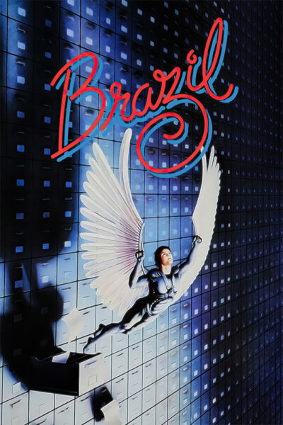 A person in a winged suit soars before a wall of square drawers, with Brazil in stylized red script above—a striking scene from the surreal 1985 film. Movie poster print available in A1 to A4 sizes.