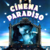 Movie poster for Cinema Paradiso (1988) featuring a man looking over a cinematic sign and a kissing couple on a screen, with an audience watching below against a starry sky background. Movie poster print available in A1 to A4 sizes.