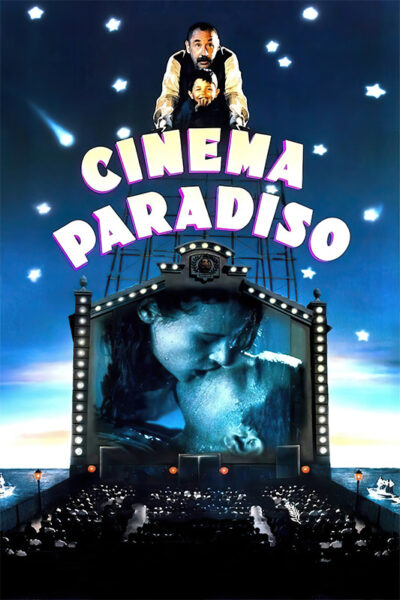 Movie poster for Cinema Paradiso (1988) featuring a man looking over a cinematic sign and a kissing couple on a screen, with an audience watching below against a starry sky background. Movie poster print available in A1 to A4 sizes.