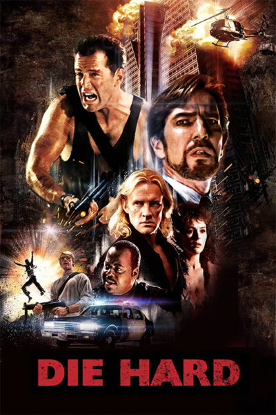 A 1988 action movie poster for Die Hard featuring an armed man in a tank top, an explosion, a helicopter, a police car, and several other characters against a cityscape background. Movie poster print available in A1 to A4 sizes.