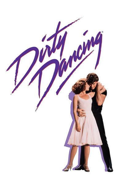 Movie poster for the 1987 movie Dirty Dancing, featuring a man and woman standing close together under the film title in bold, stylized purple lettering on a white background. Movie poster print available in A1 to A4 sizes.