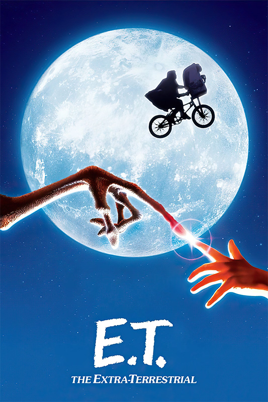 product-image A boy and an alien are silhouetted flying on a bicycle in front of a large full moon. Two outstretched fingers touch, with the title E.T. The Extra-Terrestrial below in this iconic 1982 poster. Movie poster print available in A1 to A4 sizes.