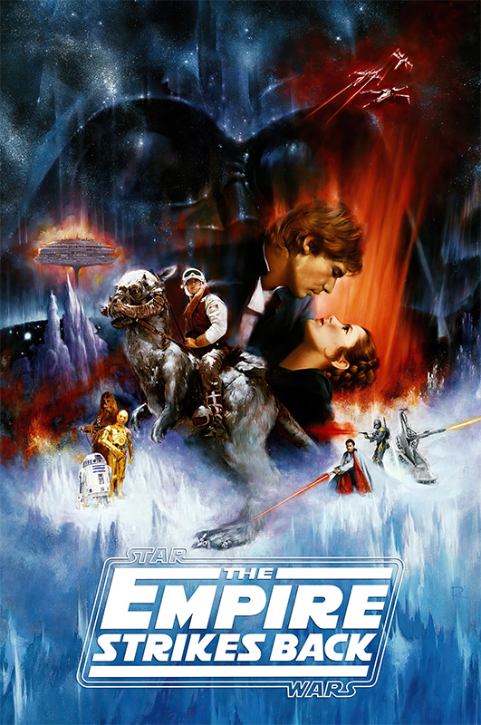 Poster for the 1980 Star Wars film The Empire Strikes Back, featuring main characters, spaceships, a dramatic battle scene, and the movie title displayed at the bottom. Movie poster print available in A1 to A4 sizes.