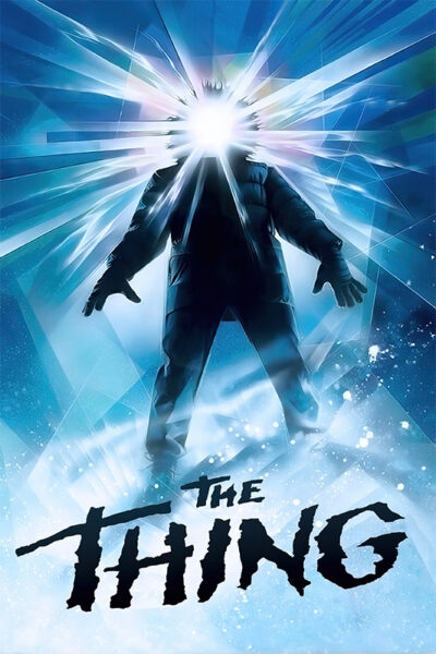 A silhouette of a person stands with rays of bright light and shards emanating from their head, capturing the chilling essence of the 1982 horror movie The Thing, with the title displayed prominently at the bottom. Movie poster print available in A1 to A4 sizes.