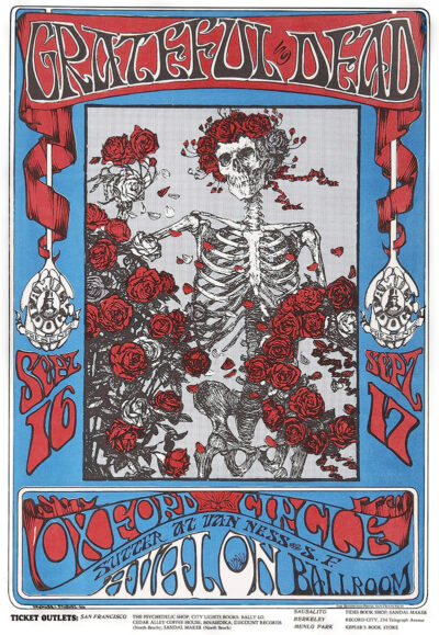 Poster for a 1966 Grateful Dead concert featuring a skeleton with a crown of roses and a rose border, advertising shows on Sept 16 and 17 at Avalon Ballroom, San Francisco. Poster prints available in A1 to A4 sizes.