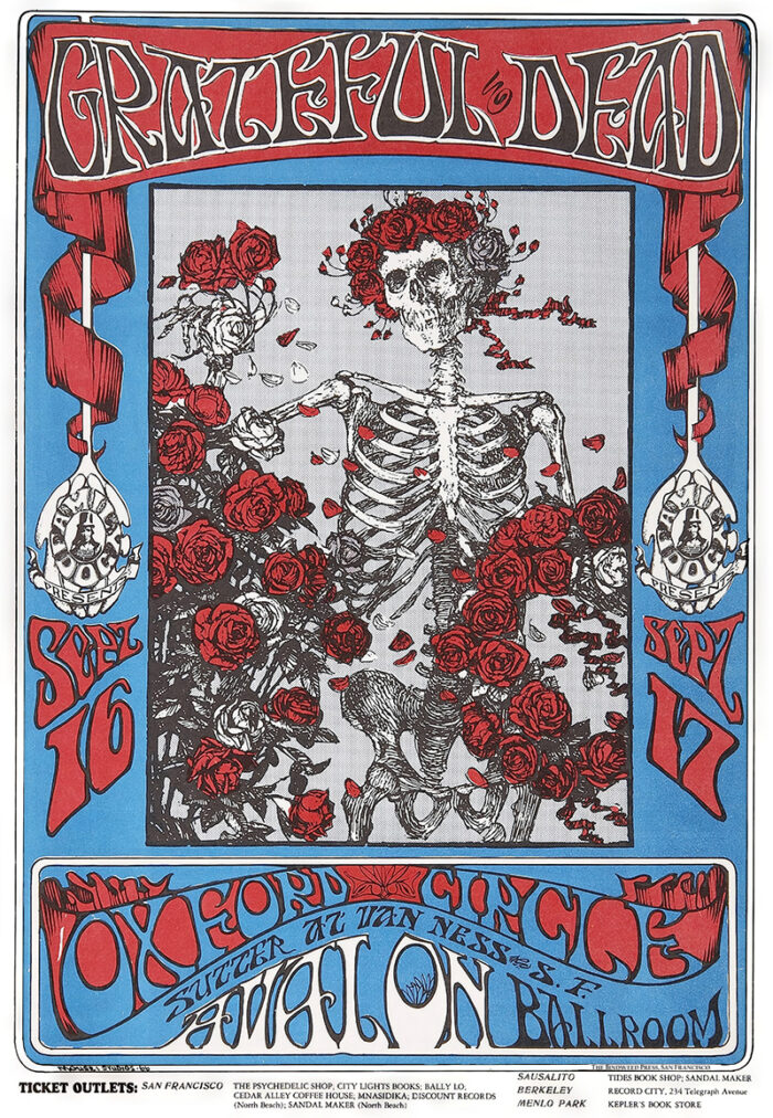 product-image Poster for a 1966 Grateful Dead concert featuring a skeleton with a crown of roses and a rose border, advertising shows on Sept 16 and 17 at Avalon Ballroom, San Francisco. Poster prints available in A1 to A4 sizes.