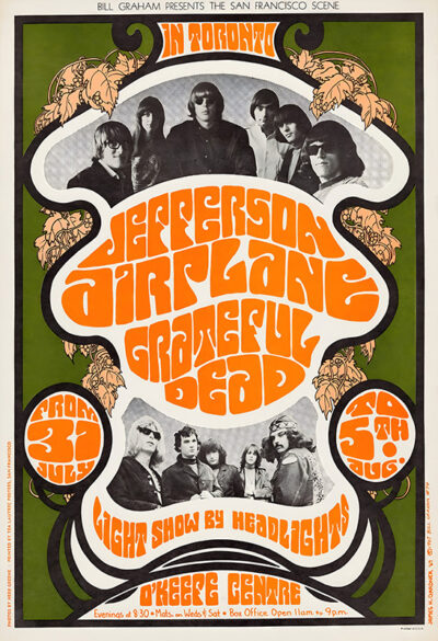 Psychedelic poster for the iconic Toronto 1967 Jefferson Airplane and Grateful Dead concert, featuring band photos, event dates, and vibrant orange and green decorative text. Music poster print available in A1 to A4 sizes.