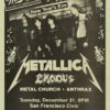 Vintage concert poster for Metallica, Exodus, Metal Church, and Anthrax, advertising a New Years Eve show on December 31 at 8 PM at San Francisco Civic. Music poster print available in A1 to A4 sizes.