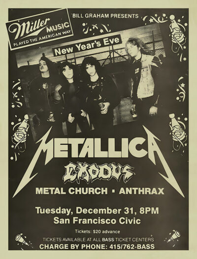 Vintage concert poster for Metallica, Exodus, Metal Church, and Anthrax, advertising a New Years Eve show on December 31 at 8 PM at San Francisco Civic. Music poster print available in A1 to A4 sizes.