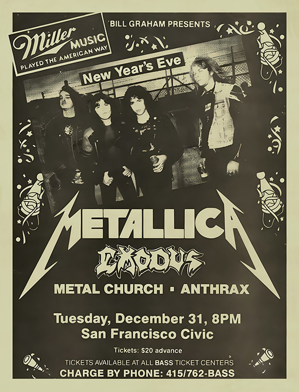 product-image Vintage concert poster for Metallica, Exodus, Metal Church, and Anthrax, advertising a New Years Eve show on December 31 at 8 PM at San Francisco Civic. Music poster print available in A1 to A4 sizes.