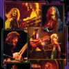 Collage of Led Zeppelin performing on stage, featuring band members singing, playing guitar, and drumming under vibrant lighting, with Led Zeppelin displayed boldly at the top. Music poster print available in A1 to A4 sizes.