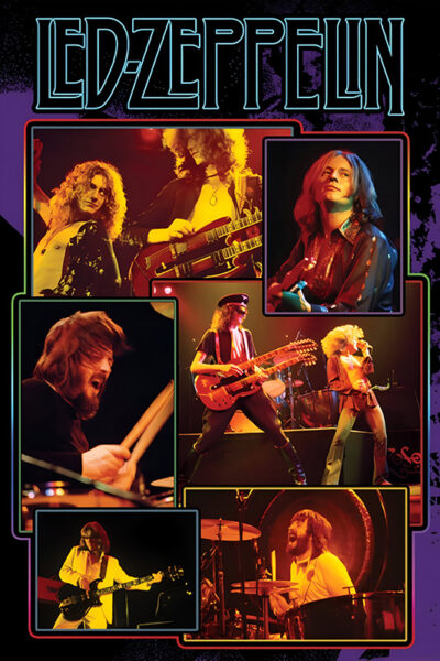 Collage of Led Zeppelin performing on stage, featuring band members singing, playing guitar, and drumming under vibrant lighting, with Led Zeppelin displayed boldly at the top. Music poster print available in A1 to A4 sizes.