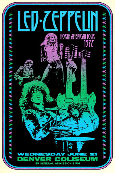 A colourful poster for Led Zeppelin’s 1972 North American Tour, featuring band members and concert details for June 21 at Denver Coliseum. Music poster print available in A1 to A4 sizes.