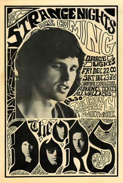 Black and white concert poster for The Doors, featuring band members faces, event details, and stylized text promoting their 1967 Ballroom Days shows at the Shrine Exposition Hall. Music poster print available in A1 to A4 sizes.