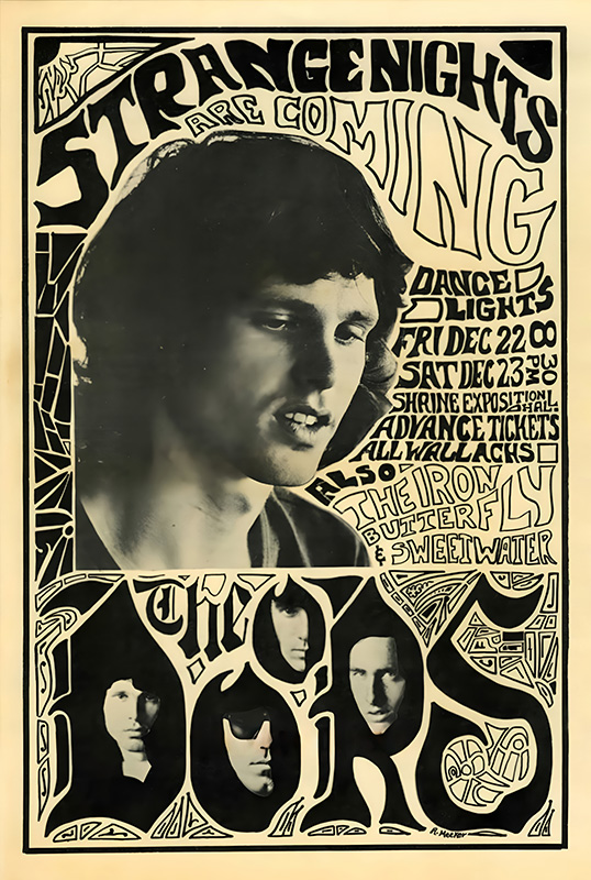 product-image Black and white concert poster for The Doors, featuring band members faces, event details, and stylized text promoting their 1967 Ballroom Days shows at the Shrine Exposition Hall. Music poster print available in A1 to A4 sizes.