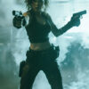 A woman resembling Alice from Resident Evil, in tactical clothing stands in a smoky, industrial setting, holding a handgun in each hand and aiming forward with a determined expression. Fantasy art poster available in A1 to A4 sizes.
