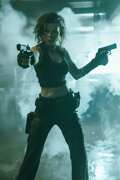 product-image-2-3 A woman resembling Alice from Resident Evil, in tactical clothing stands in a smoky, industrial setting, holding a handgun in each hand and aiming forward with a determined expression. Fantasy art poster available in A1 to A4 sizes.