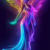 A glowing neon outline of a winged woman in a flowing dress, posed mid-air against a dark background, with vibrant rainbow colours highlighting her form. Fantasy art poster available in A1 to A4 sizes.
