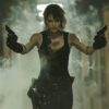 A woman resembling Alice from Resident Evil, clad in a tactical outfit and wielding dual pistols, strides through a smoky corridor, her arms extended and expression focused. Fantasy art poster available in A1 to A4 sizes.