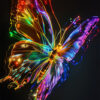 A digital illustration of a butterfly with translucent wings displaying vibrant neon colours, set against a dark background. Fantasy art poster available in A1 to A4 sizes.