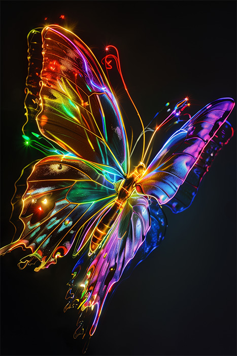 product-image-2-3 A digital illustration of a butterfly with translucent wings displaying vibrant neon colours, set against a dark background. Fantasy art poster available in A1 to A4 sizes.