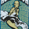 A stylized poster for Aerosmith’s 2002 World Tour features a robot woman in a classic Marilyn Monroe pose and bold psychedelic “Just Push Play” text, listing song titles and event details. Music poster print available in A1 to A4 sizes.