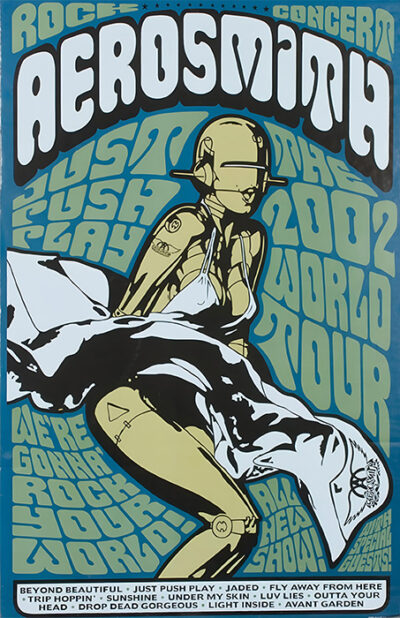 A stylized poster for Aerosmith’s 2002 World Tour features a robot woman in a classic Marilyn Monroe pose and bold psychedelic “Just Push Play” text, listing song titles and event details. Music poster print available in A1 to A4 sizes.