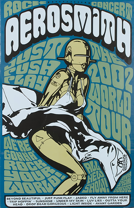 product-image-2-3 A stylized poster for Aerosmith’s 2002 World Tour features a robot woman in a classic Marilyn Monroe pose and bold psychedelic “Just Push Play” text, listing song titles and event details. Music poster print available in A1 to A4 sizes.
