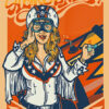 Illustrated concert poster for Aerosmith’s 2016 show at Movistar Arena Chile, featuring a woman in a stars-and-stripes outfit and aviator goggles, with vibrant event details for the Santiago performance. Music poster print available in A1 to A4 sizes.