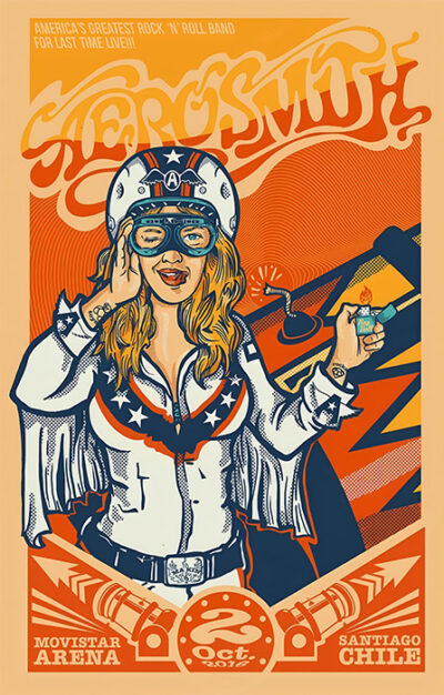 Illustrated concert poster for Aerosmith’s 2016 show at Movistar Arena Chile, featuring a woman in a stars-and-stripes outfit and aviator goggles, with vibrant event details for the Santiago performance. Music poster print available in A1 to A4 sizes.