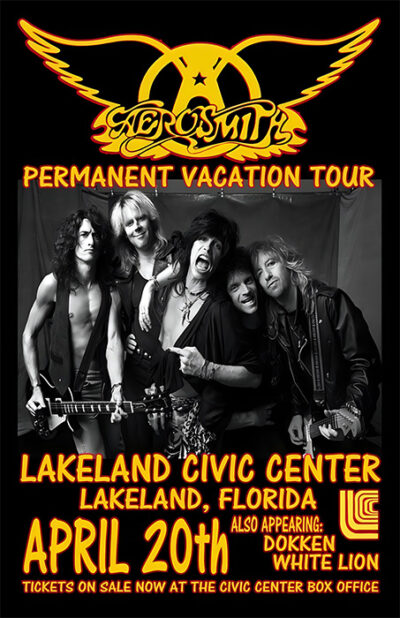 Aerosmith poses together on a poster for their Permanent Vacation Tour in Florida, promoting an April 20th concert at Lakeland Civic Centre, with Dokken and White Lion as special guests. Music poster print available in A1 to A4 sizes.