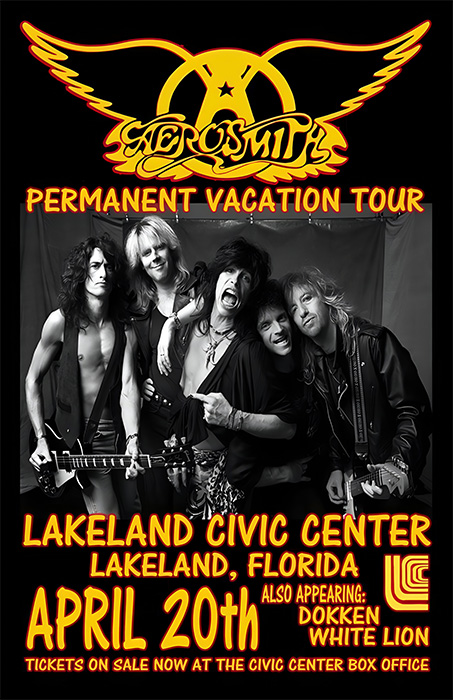 product-image-2-3 Aerosmith poses together on a poster for their Permanent Vacation Tour in Florida, promoting an April 20th concert at Lakeland Civic Centre, with Dokken and White Lion as special guests. Music poster print available in A1 to A4 sizes.