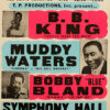 Colourful vintage poster advertising concerts by B.B. King, Muddy Waters, and Bobby Bland at Beacon Theatre and Symphony Hall in October. Music poster print available in A1 to A4 sizes.