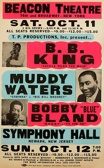 product-image-2-3 Colourful vintage poster advertising concerts by B.B. King, Muddy Waters, and Bobby Bland at Beacon Theatre and Symphony Hall in October. Music poster print available in A1 to A4 sizes.