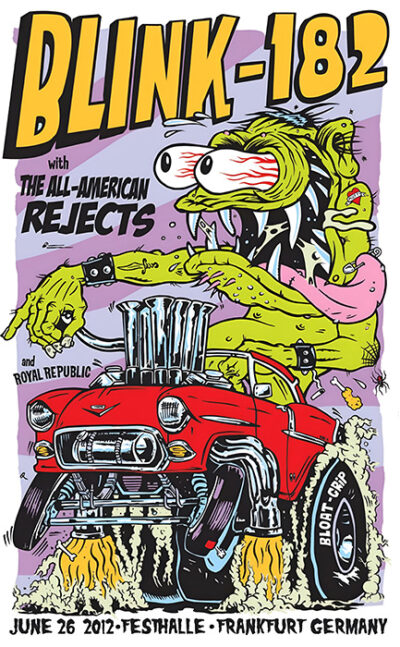 Illustrated concert poster for Blink-182’s 2012 show, featuring a green monster driving a hot rod. Event date: June 26 in Frankfurt at Festhalle, Germany. Supporting acts are listed. Music poster print available in A1 to A4 sizes.