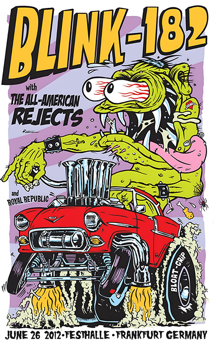 product-image-2-3 Illustrated concert poster for Blink-182’s 2012 show, featuring a green monster driving a hot rod. Event date: June 26 in Frankfurt at Festhalle, Germany. Supporting acts are listed. Music poster print available in A1 to A4 sizes.