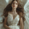 A young woman with long brown hair lies peacefully with eyes closed, wearing a white dress and surrounded by large white feathers. Fantasy art poster available in A1 to A4 sizes.