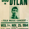 Vintage concert poster featuring a black-and-white photo of Bob Dylan, advertising his iconic San Jose 1964 folk music concert at the Civic Auditorium on November 25. Poster print available in A1 to A4 sizes.