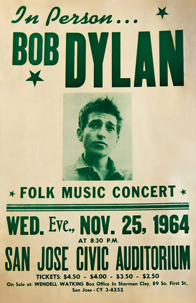 Vintage concert poster featuring a black-and-white photo of Bob Dylan, advertising his iconic San Jose 1964 folk music concert at the Civic Auditorium on November 25. Poster print available in A1 to A4 sizes.