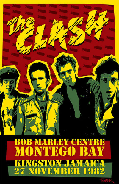 Vibrant poster featuring The Clash band members, promoting their 1982 concert at Bob Marley Centre, Montego Bay, Kingston, Jamaica, on 27 November. Music poster print available in A1 to A4 sizes.