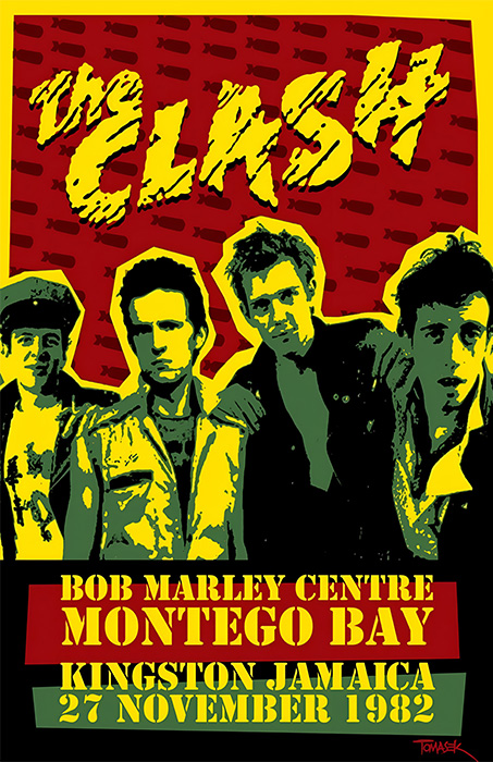 product-image-2-3 Vibrant poster featuring The Clash band members, promoting their 1982 concert at Bob Marley Centre, Montego Bay, Kingston, Jamaica, on 27 November. Music poster print available in A1 to A4 sizes.