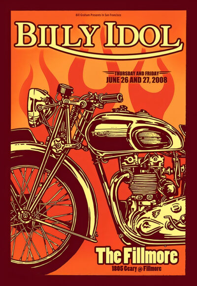 Poster for Billy Idols 2008 concert at The Fillmore San Francisco, June 26-27, featuring a vintage motorcycle illustration with bold flame graphics. Music poster print available in A1 to A4 sizes.