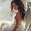 A woman in a white dress with large feathered wings sits, looking downward, in soft, diffused light. Fantasy art poster available in A1 to A4 sizes.