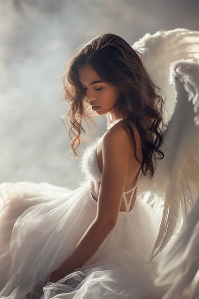 A woman in a white dress with large feathered wings sits, looking downward, in soft, diffused light. Fantasy art poster available in A1 to A4 sizes.