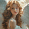 A young woman with long, wavy hair wears a white dress and large feathered wings, posing against a light blue background. Fantasy art poster available in A1 to A4 sizes.
